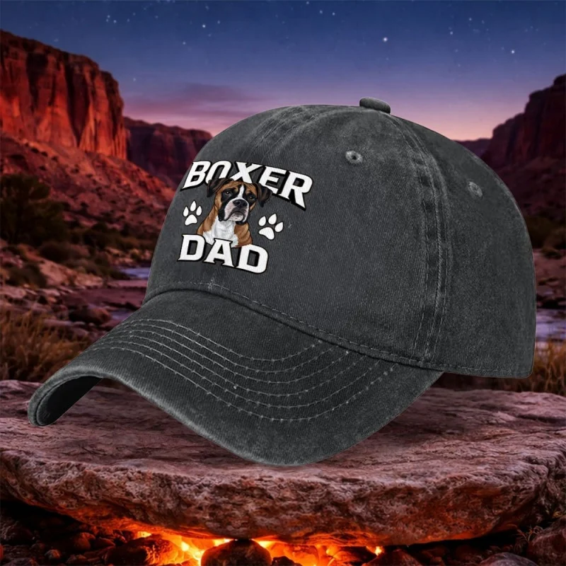 Boxer Dog Dad Cap – Vintage Hook & Loop Baseball Hat for Men Women – Lightweight Washed Unisex – Boxer Puppy Gift