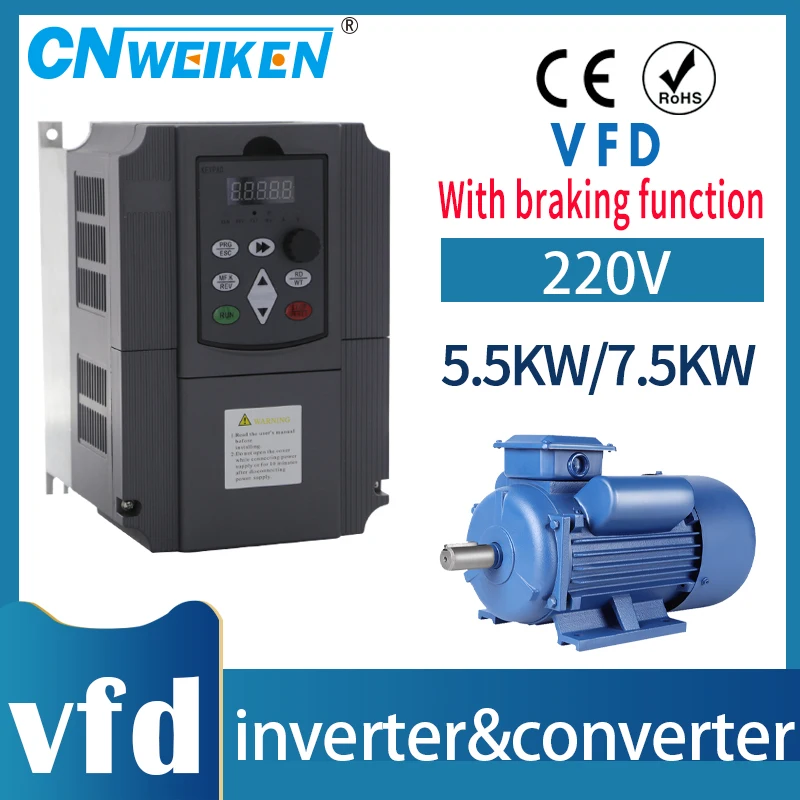 VFD 5.5kw/7.5kw/11kw 220v single phase 220v household INPUT three phases 220v output With braking function Frequency inverter