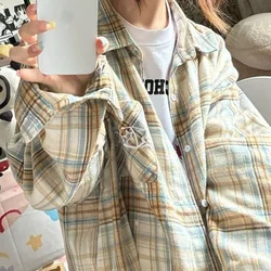 American retro Polo collar plaid shirt women's autumn 2024 new loose niche design casual sunscreen long-sleeved coat shirt