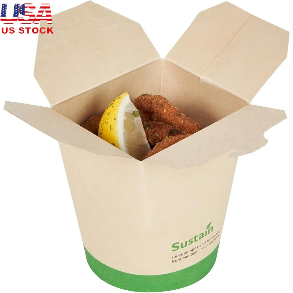 

50 одноразовых бамбуковых бумажных коробок емкостью 16 унций, компостируемые контейнеры для еды с подкладкой PLA, безопасная жиронепроницаемая упаковка для салата с лапшой