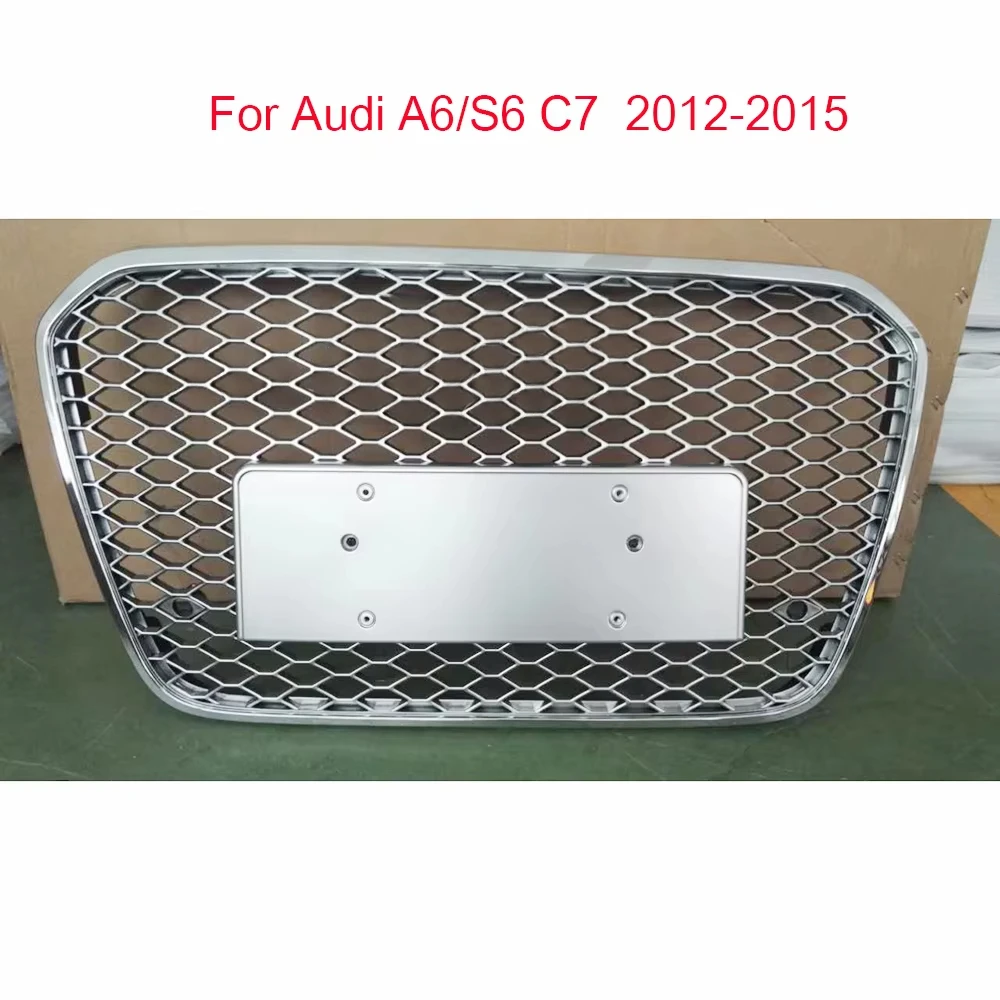

For RS6 Style Front Sport Hex Mesh Honeycomb Hood Grill Chrome Frame Silver Grill for Audi A6/S6 C7 2012-2015 Without Emblem