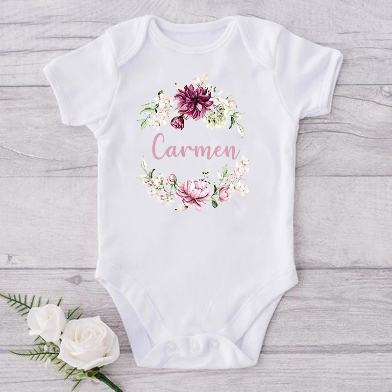 Personalised Floral Wreath New Baby Girl Clothes Custom Infant First Name Bodysuits Baby Shower Gifts Newborn Toddler Jumpsuits