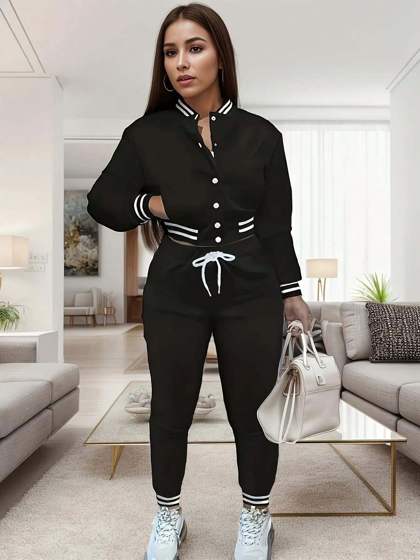 2-Piece Women's Black Sporty Jacket & Jogger Set with White Stripes