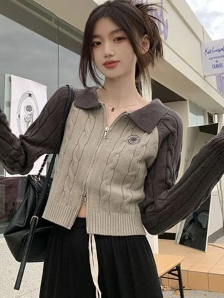 Vintage Contrast Color Knitted Cardigan Slim Double Zipper Basic Cropped  Y2k Aesthetic Twist Turn Down Collar Top Women