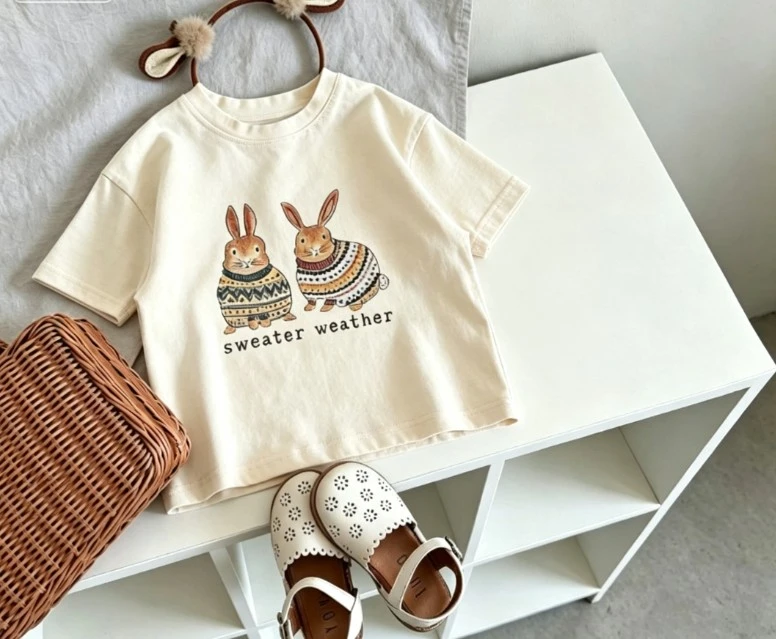 Small Kids Floral Rabbit Print T Shirts Toddler Casual Tops Sweater Weather Short Sleeve And Long Sleeve Tees Baby Casual Wear