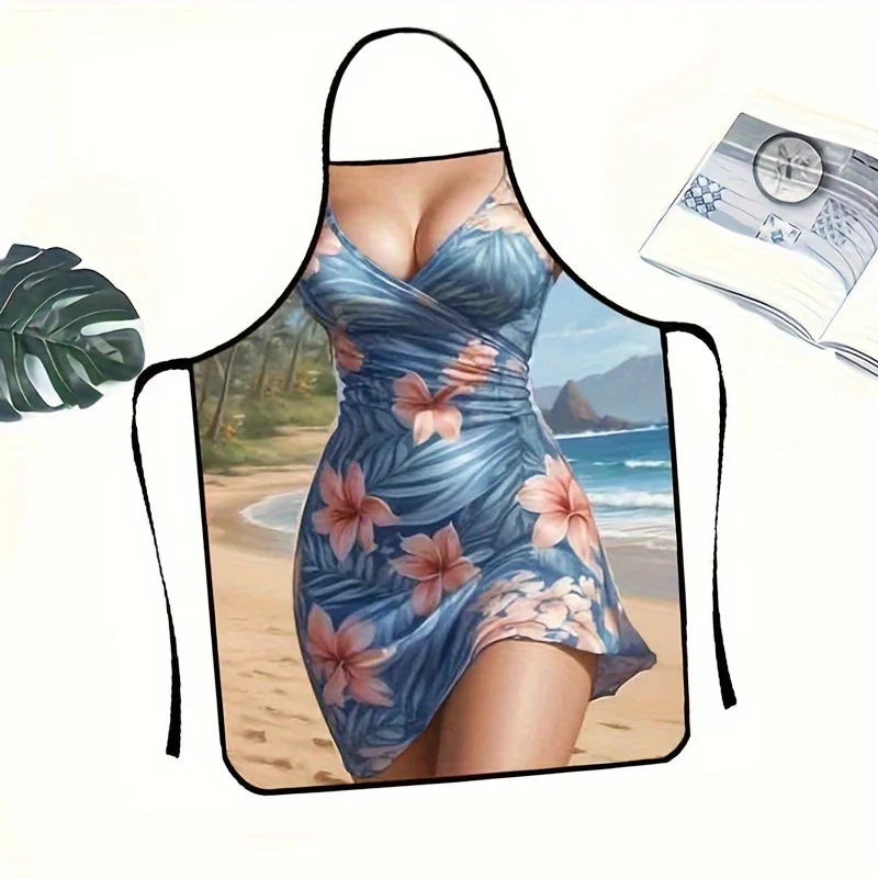 1pc Tropical Floral Beach Print Apron - Vibrant Hibiscus & Palm Tree Design, Apron for Cooking, Baking, Home Decor,