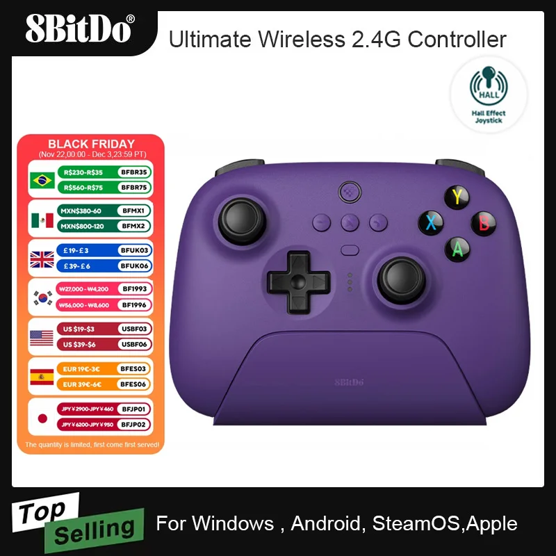 AKNES 8BitDo Ultimate Wireless 2.4G Game Controller Gamepad Hall Effect Joystick with Charging Dock for PC Windows Steam Android