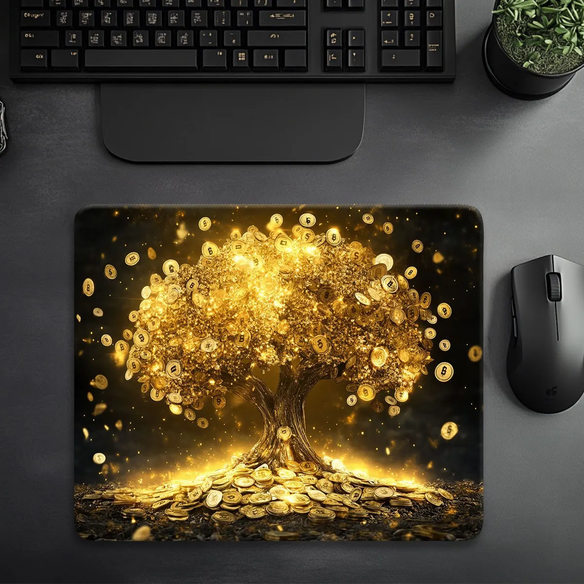 Wealth Tree mousepad with a gold coin pattern anti-slip surface is suitable for office gaming use and can be washed with water