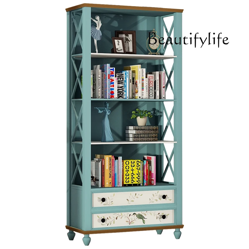 

Painted Solid Wood Storage Rack Bookshelf Bookcase Multi-Layer Floor Storage Rack with Drawer Flower Rack