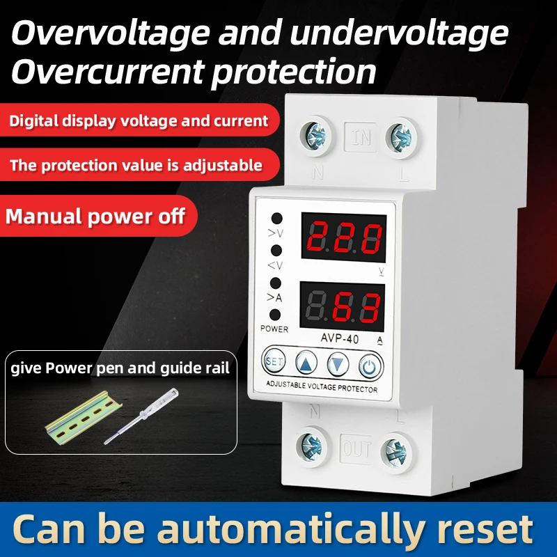 

Over and Under Voltage Protector Self-Adhing Household Digital Display Adjustable Overload Automatic Reclosing Overcurrent Circuit Breaker 63A (Up and Down Out)