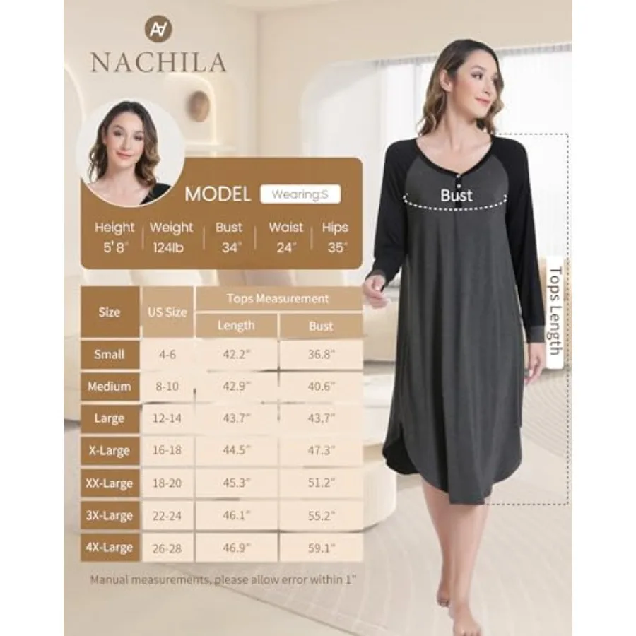 NACHILA Women's Nightgowns-Viscose Made from Bamboo, Long Sleeve Nightshirt Soft Sleepwear Casual Sleep Dress with Pockets