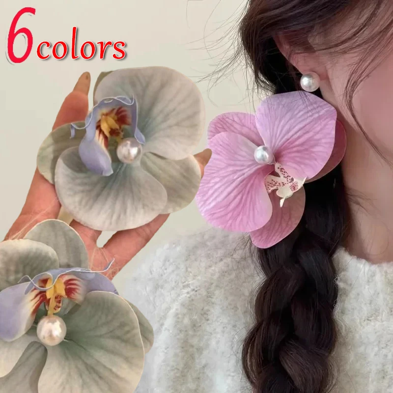 New Korean Kpop Sweet Phalaenopsis Flower Hairpin Fashion Bohemia Creative Design Cloth Floral Pearl Hair Clip Female Headdress