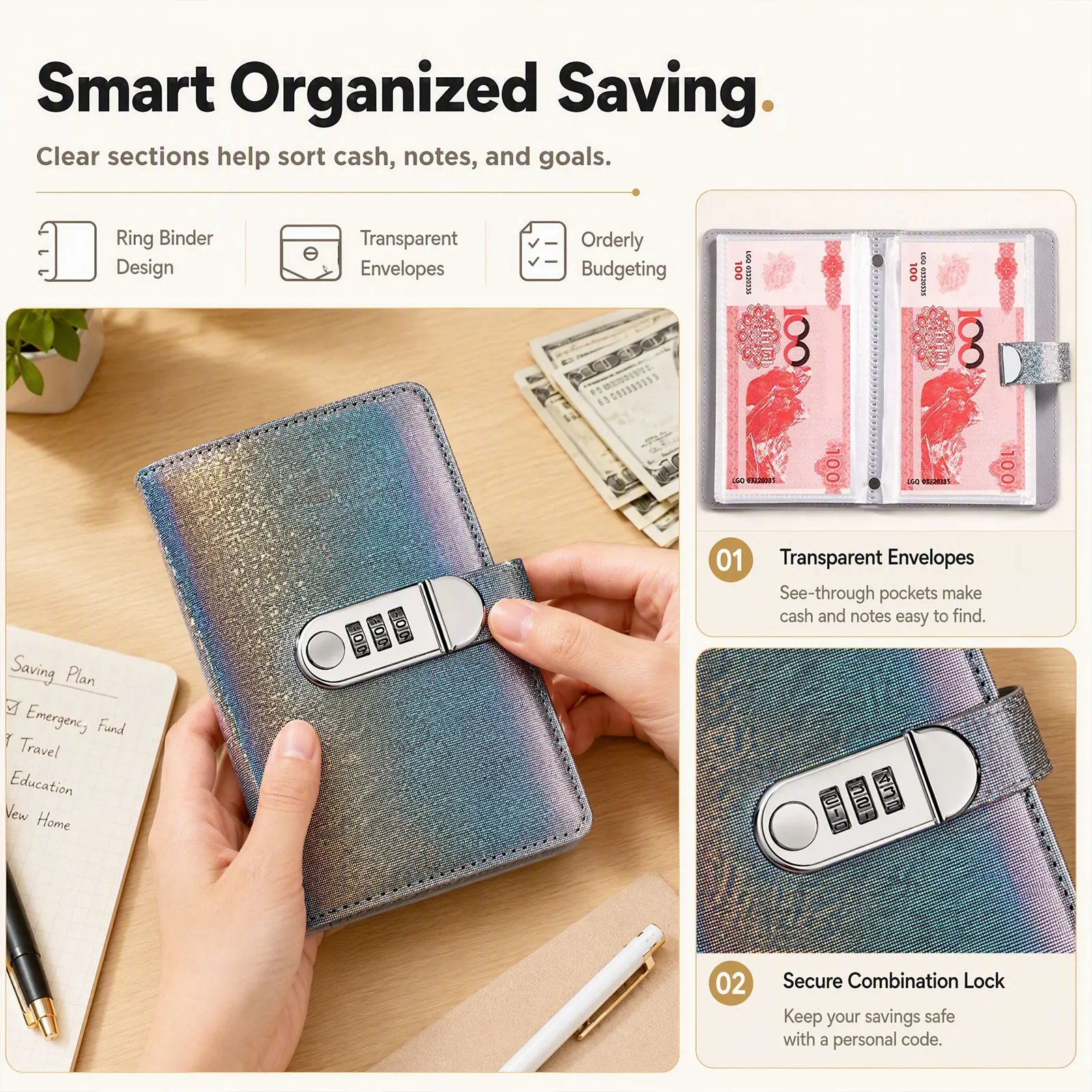 100 Envelope Money Saving Challenge Book with Combination Lock Holographic Glitter Finance Planner