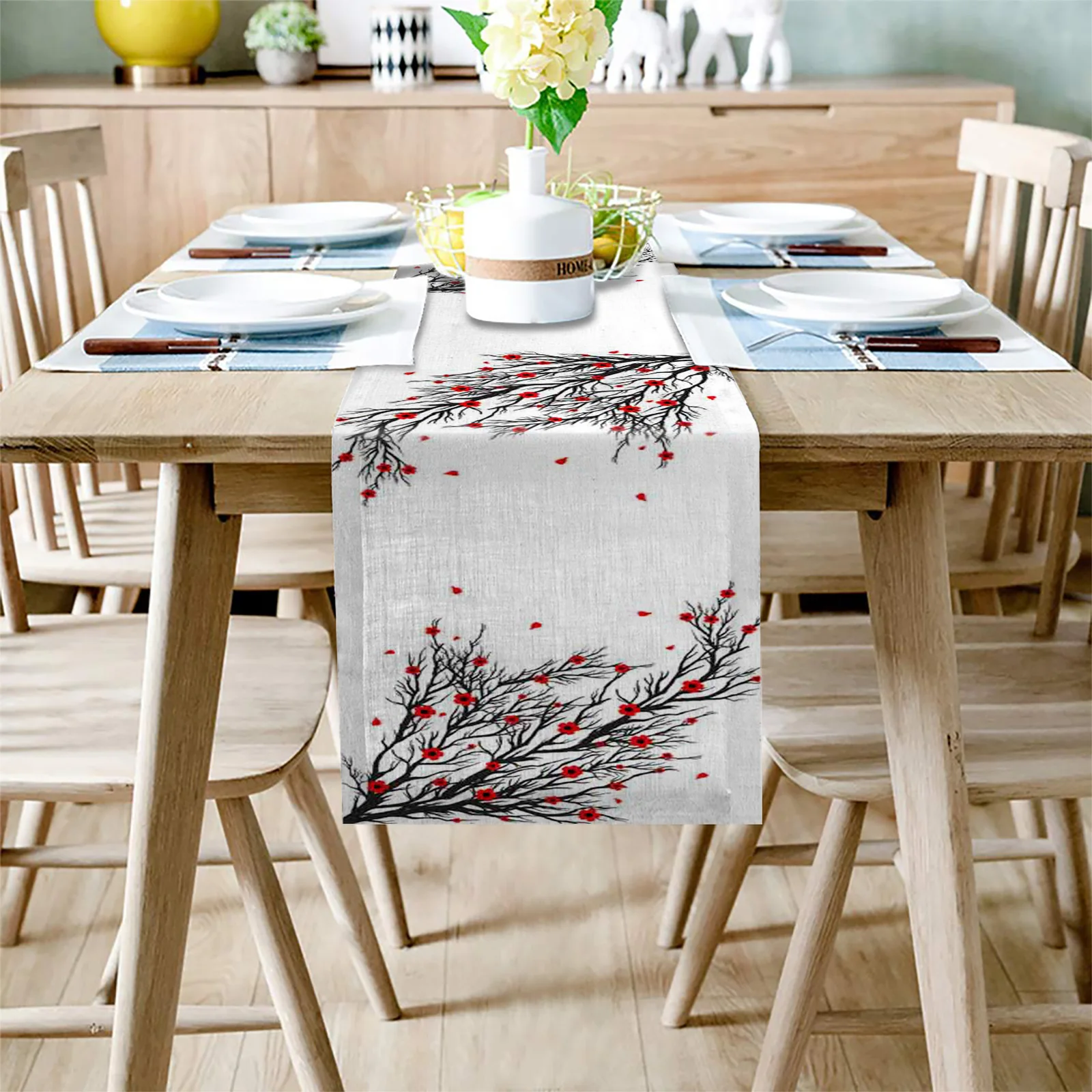 Black Branch Red Flower White Linen Table Runners Kitchen Table Decoration Dining Table Runner Wedding Party Supplies