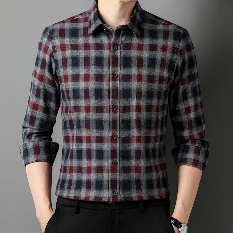 Camisas completas de lijado para hombre, Camisa lisa de pata de gallo, ajustada, informal, top de manga larga, ropa cómoda con un solo bolsillo,