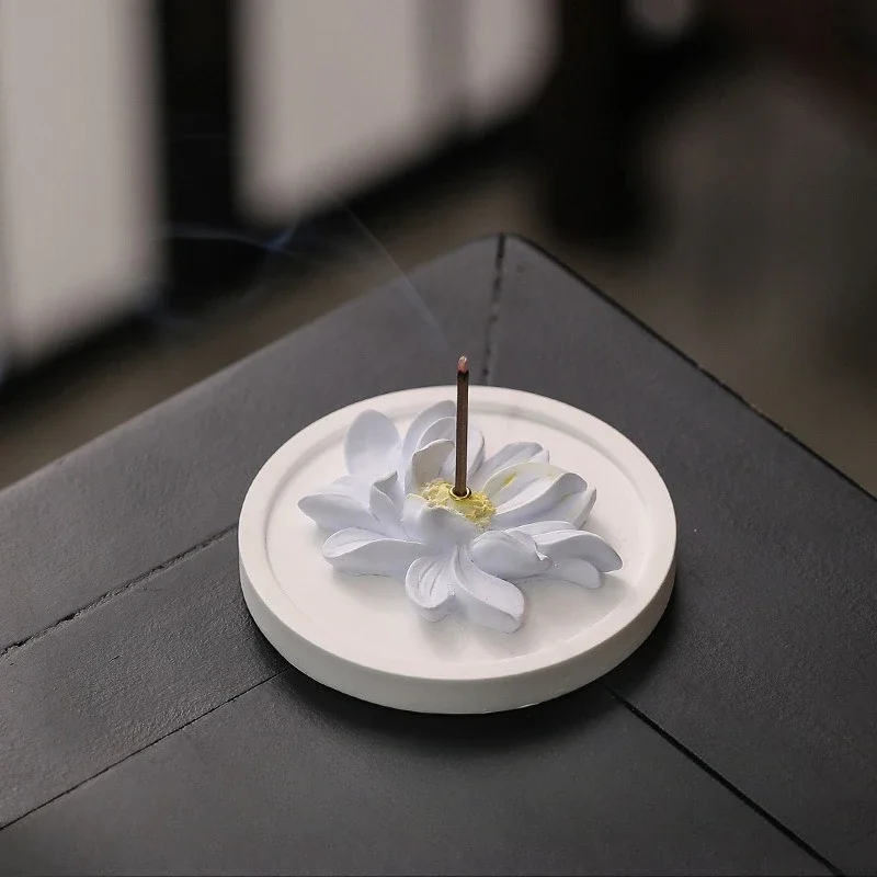 Gypsum Lotus Incense Holder for Sticks with a Hole, Handmade Incense Burner Ash Catcher for Meditation Yoga SPA and Home Decor
