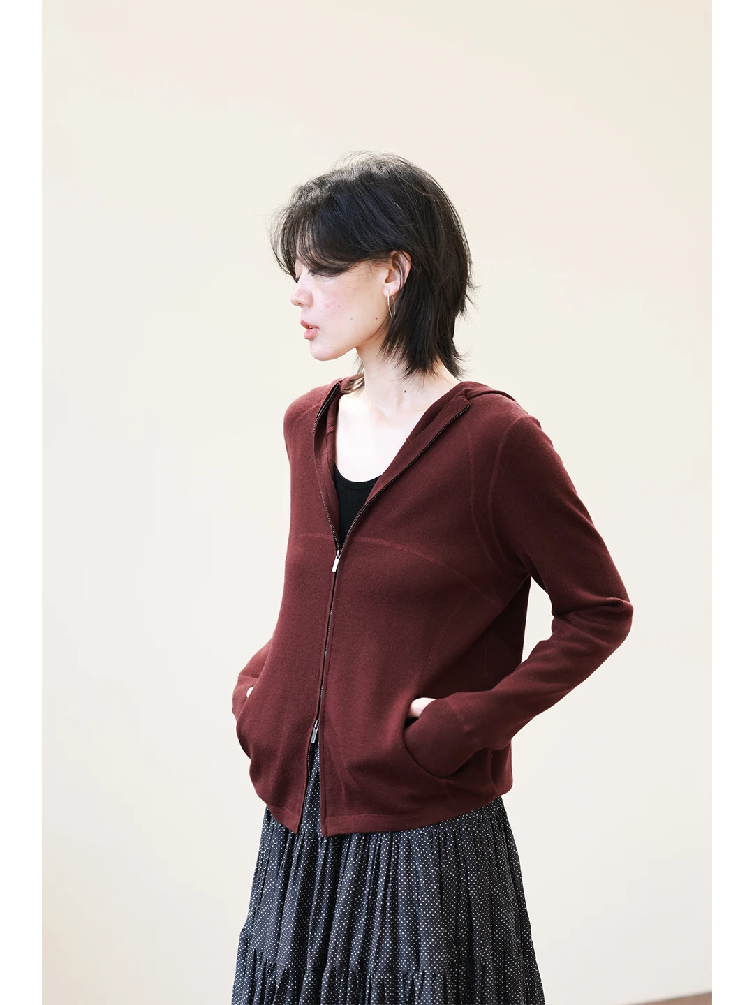 Cárdigan Abierto de Lana Merino Rojo Vino, Tejido a Medida en 3D, para Mujer, Otoño 2025, Nuevo, con Cremallera, Suave, Manga Larga, Estilo Casual