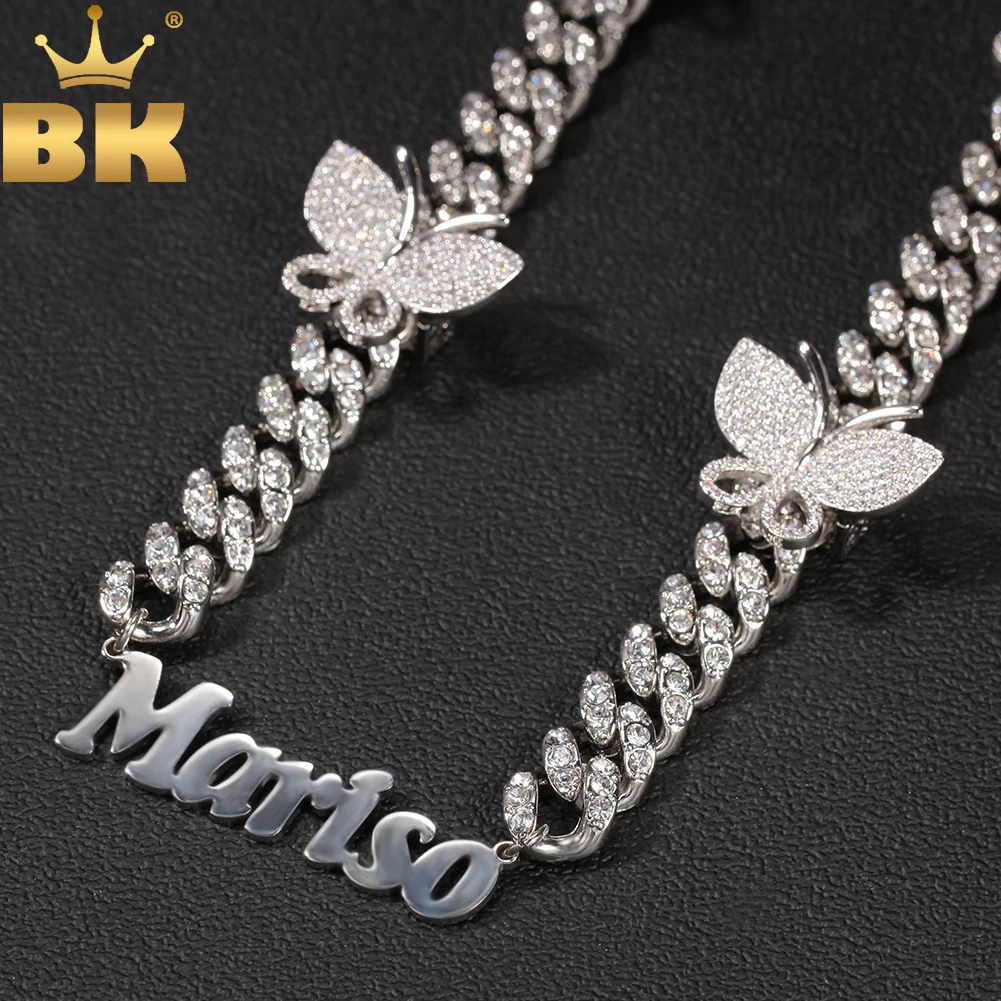 TBTK Hiphop 12MM CZ Cuban Chain Personalized Stainless Steel Letter Name Necklace with Butterflies Choker Necklace Nameplate