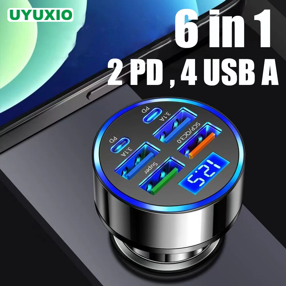 UYUXIO Multi Port USB C Car Charger Adapter Dual PD 6 in 1 with Volt Meter Super Fast Charge with Voltage Display for iPhone