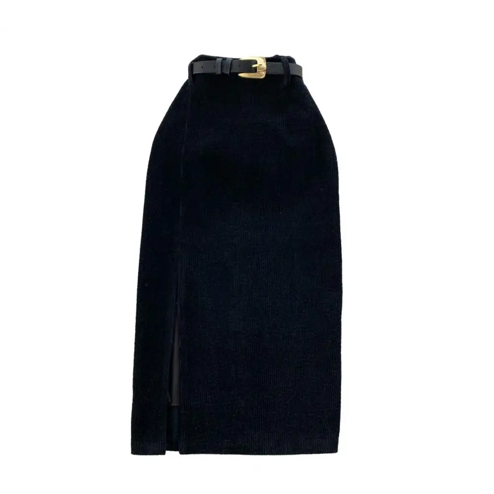 

Sheath Skirt Elegant High Waist Split Midi Skirt for Women Soft Thick Warm Sheath Style with Zipper Closure Solid Color Mid-calf