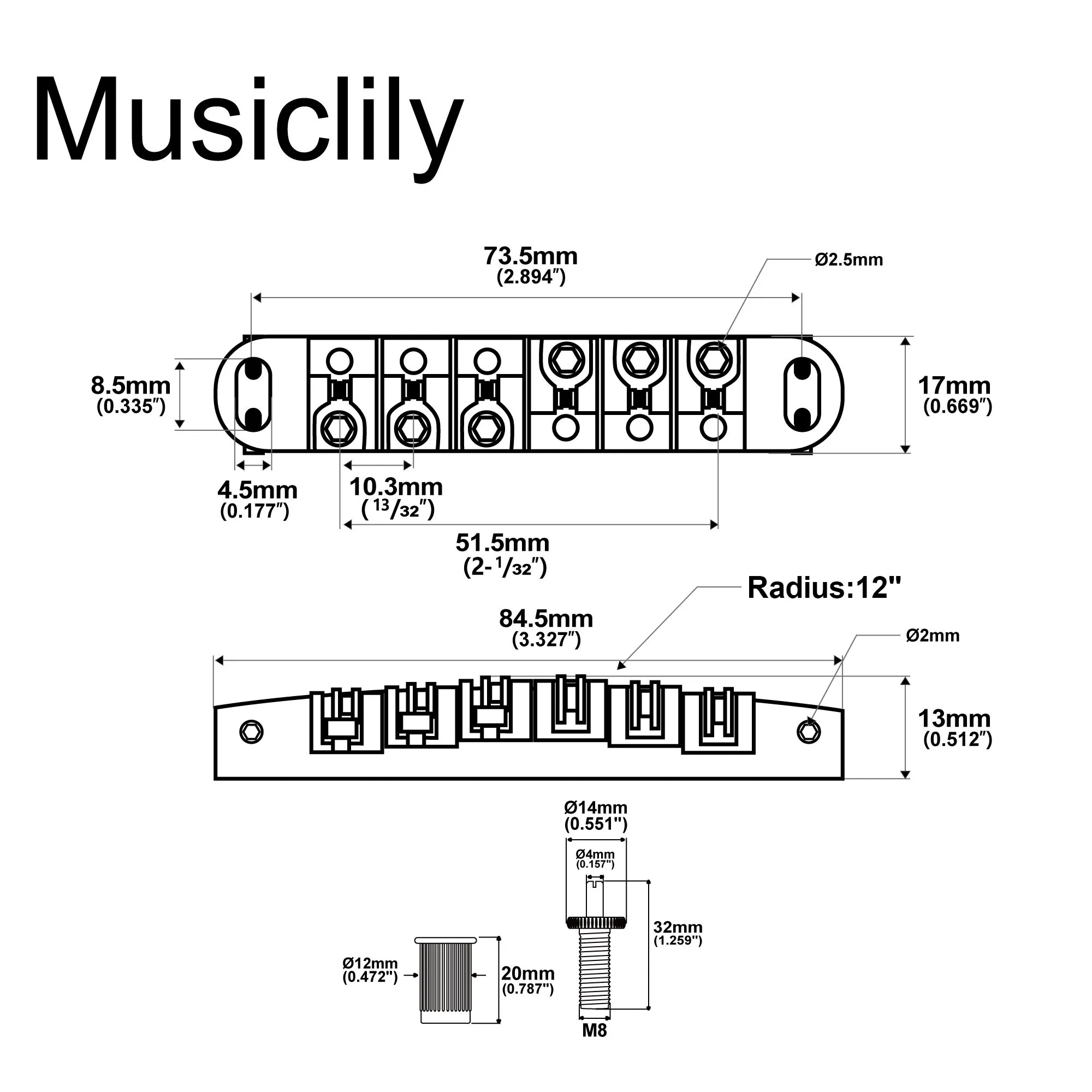 Musiclily Basic 51.5mm(2-1/32 inch) Roller Locking Tune-o-matic Guitar Bridge Tunematic Saddle for LP Style Electric Guitar