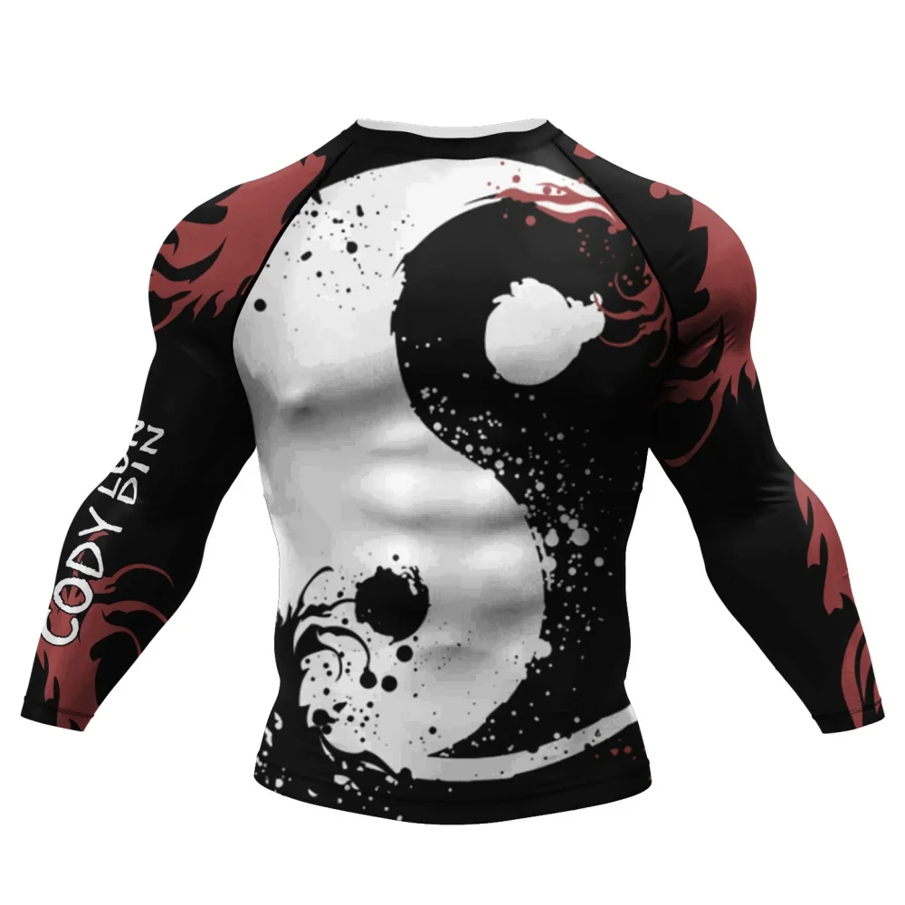 Men's Sports Compression Long-sleeve Top Tai Chi Pattern Breathable for Fitness Training Martial Arts Daily Wear