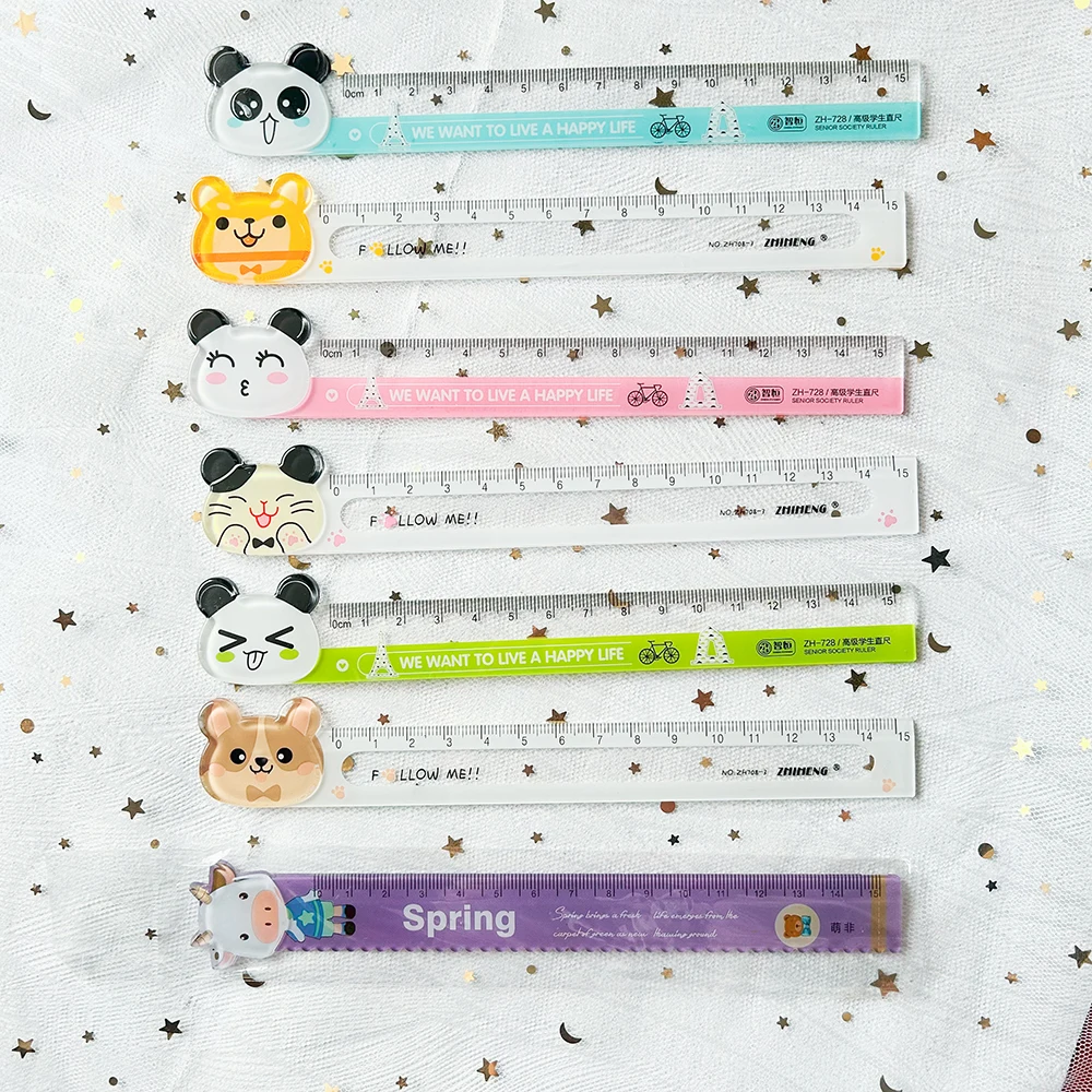 Regla de dibujos animados Kawaii para niños, 2 piezas, Panda, gato, lindo, accesorios de escritorio, regla escolar, oso, transparente, artículos