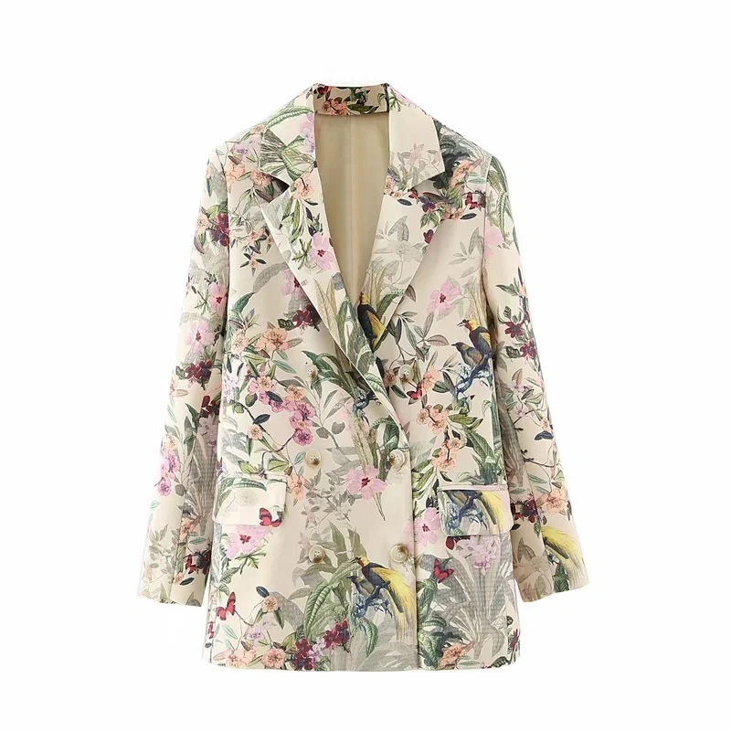 Floral Casual Blazer 2023 Mulheres Prairie Chic Double Breasted Manga Comprida Solto Escritório Blazer Terno Doce Streetwear Flor Jaqueta