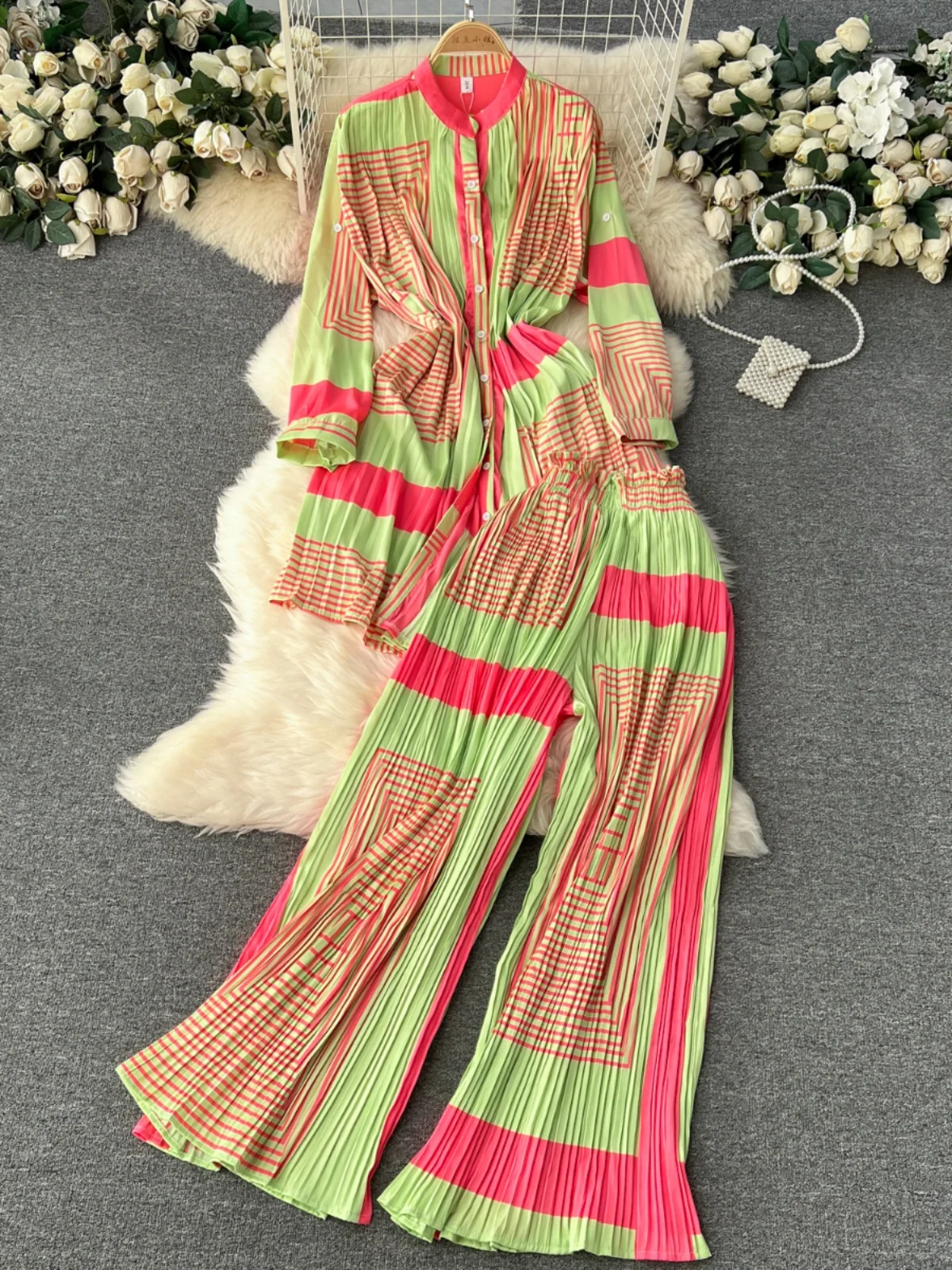 Women's Mid-Length Printed Top And Wide Leg Pants Two-Piece Set High Waist Belted Casual Faion Autumn Collection