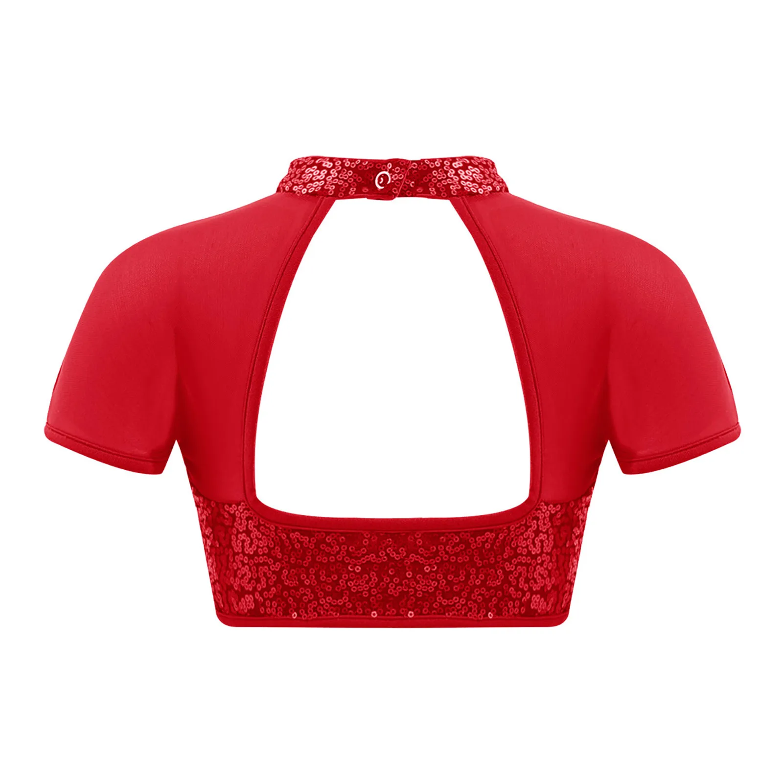 

Kids Girls Shiny Sequins T-Shirts Short Sleeve Mesh Patchwork Cutout Back Dance Crop Top Hop Hop Jazz Stage Performance Costume