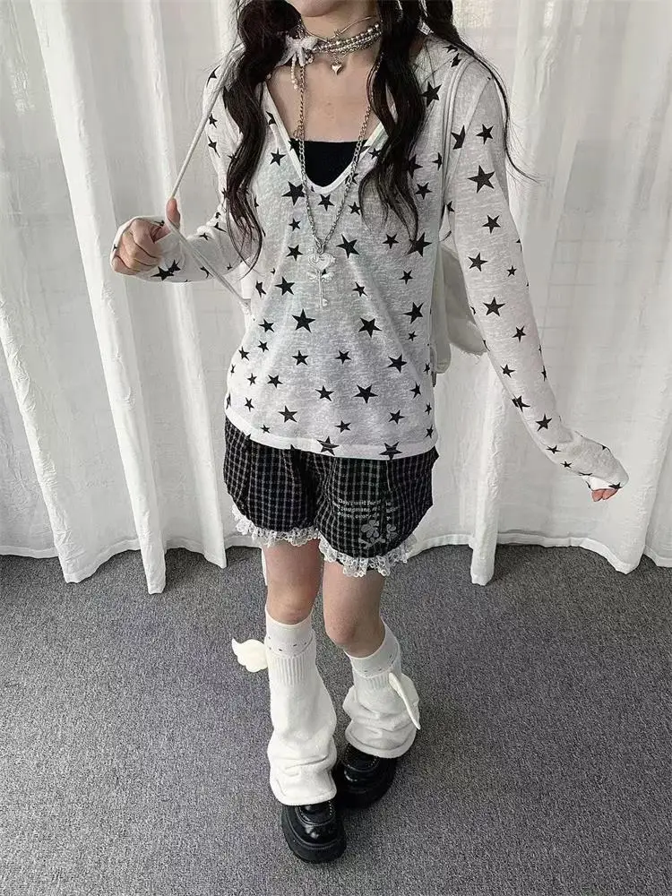Japanese Y2k Hooded T-shirt Vintage 2000s Style Tops Grunge Harajuku Star Print Long Sleeves T Shirt Korean Streetwear