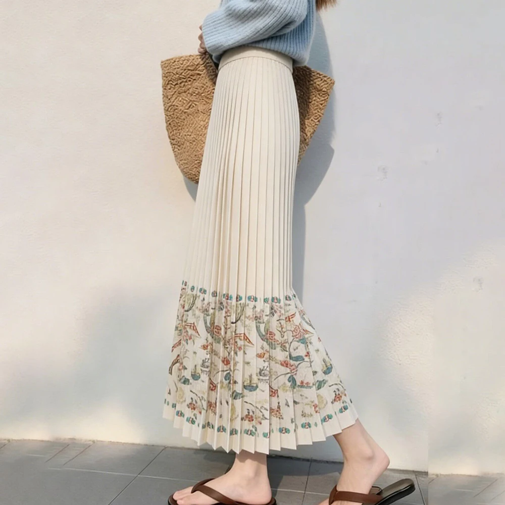 Spring women's 2026 new rice apricot high waist large size new Chinese style printed pleated skirt