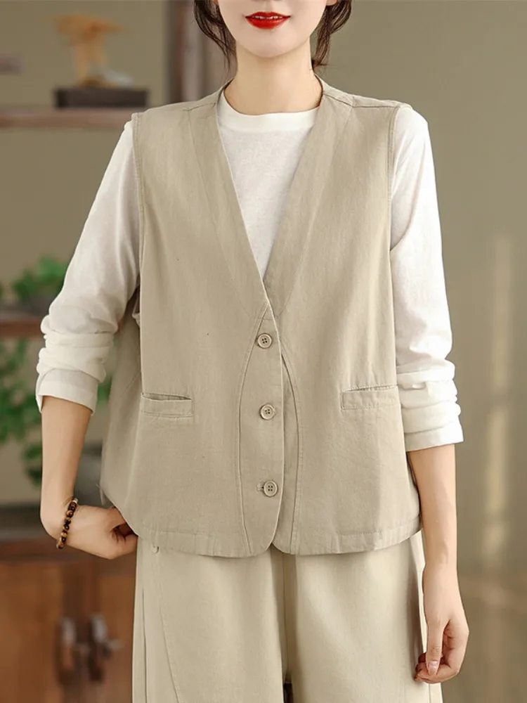 

Washed Cotton Sleeveless Vest Women's Spring Autumn Layering V-neck Small Size Outer Shoulder Pad Vest Top Commute Style