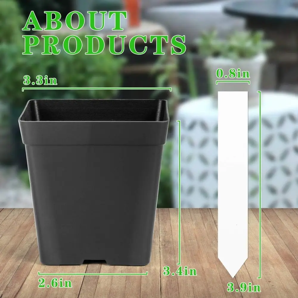 3.3 Inch Flexible Plastic Square Seedling Pots, 60 Pack with 60 Plant Labels