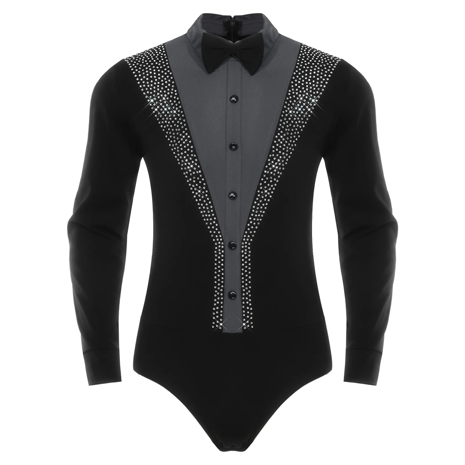 Body de danse latine pour hommes, Tango, salle de bal, cha-cha, Rumba, Flamenco, avec nœud papillon, manches longues, strass brillants, justaucorps de patinage artistique
