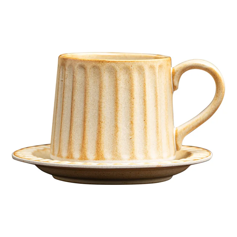 

PYH retro coarse pottery ribbed coffee cup and saucer set,sandy wind handmade ceramic cup, household afternoon
