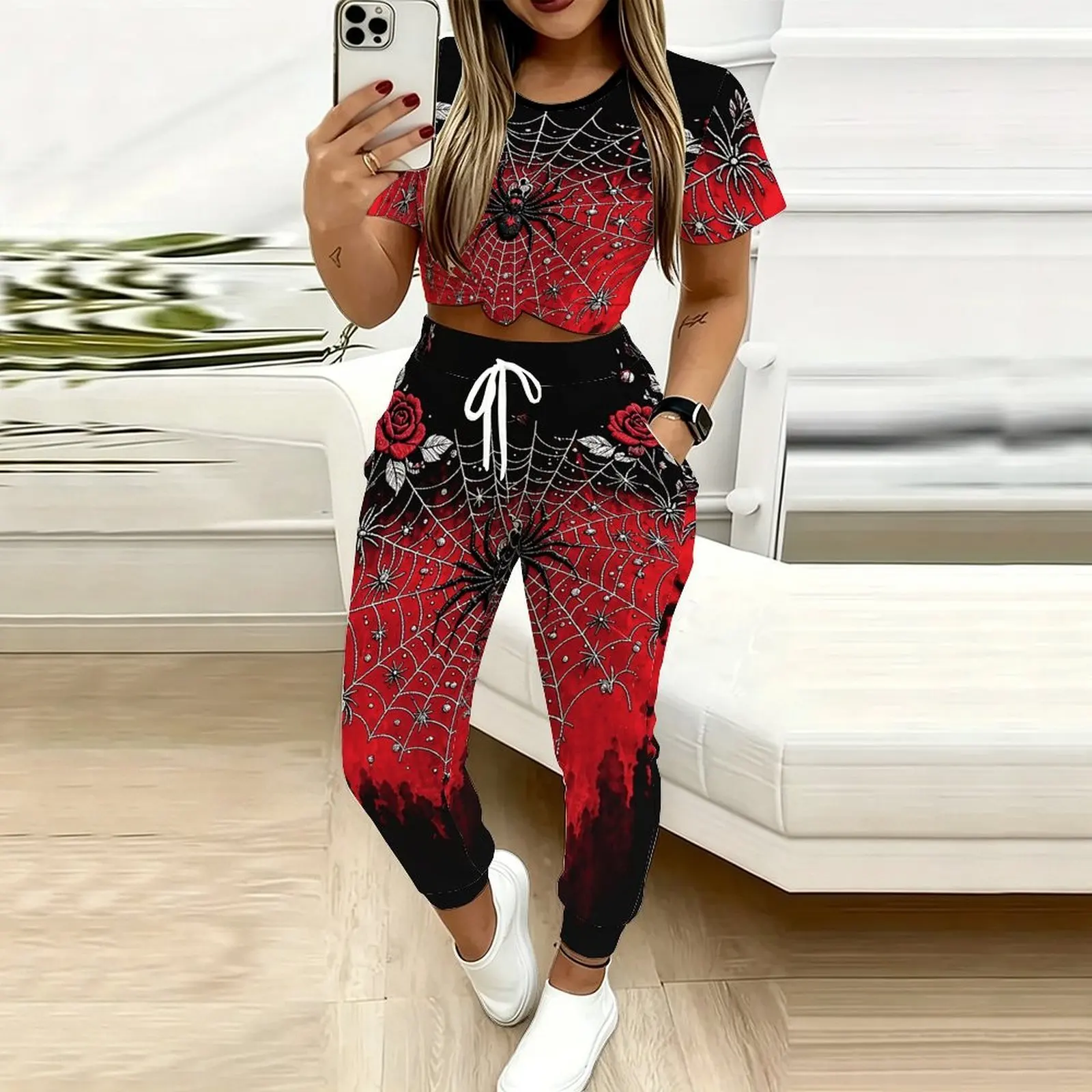 Plus Size Women Spring/summer Print Two Piece Set Street Vacation  Short Sleeved Fashion Retro Tops Everyday  Casual Long Pants