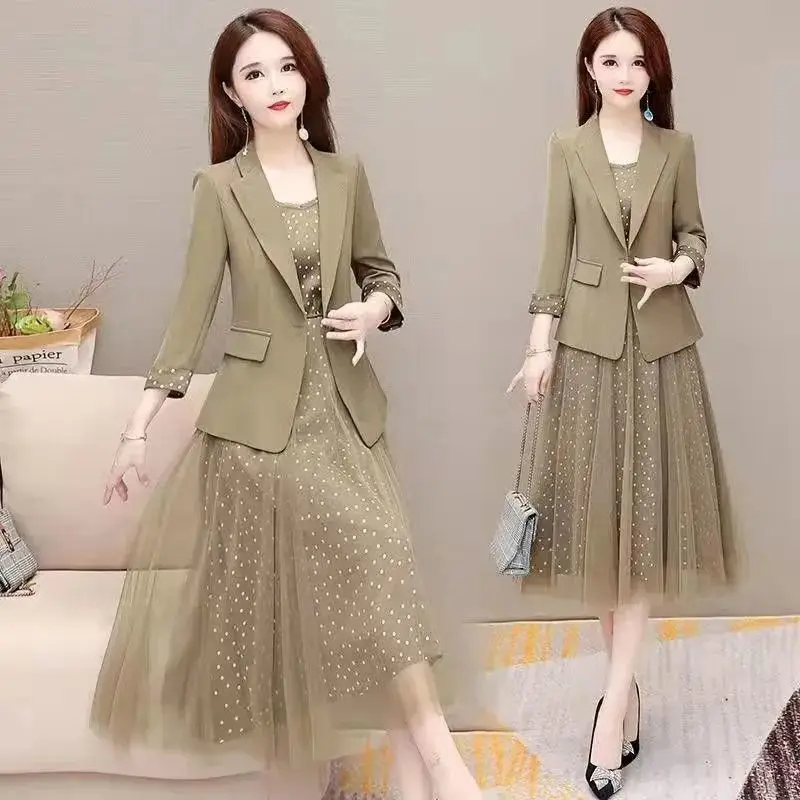 Women's Autumn Elegant Blazer Dress Two Piece 2022 New Retro Suit Jacket Mesh Sling Dresses Set French Fashion Casual Suit