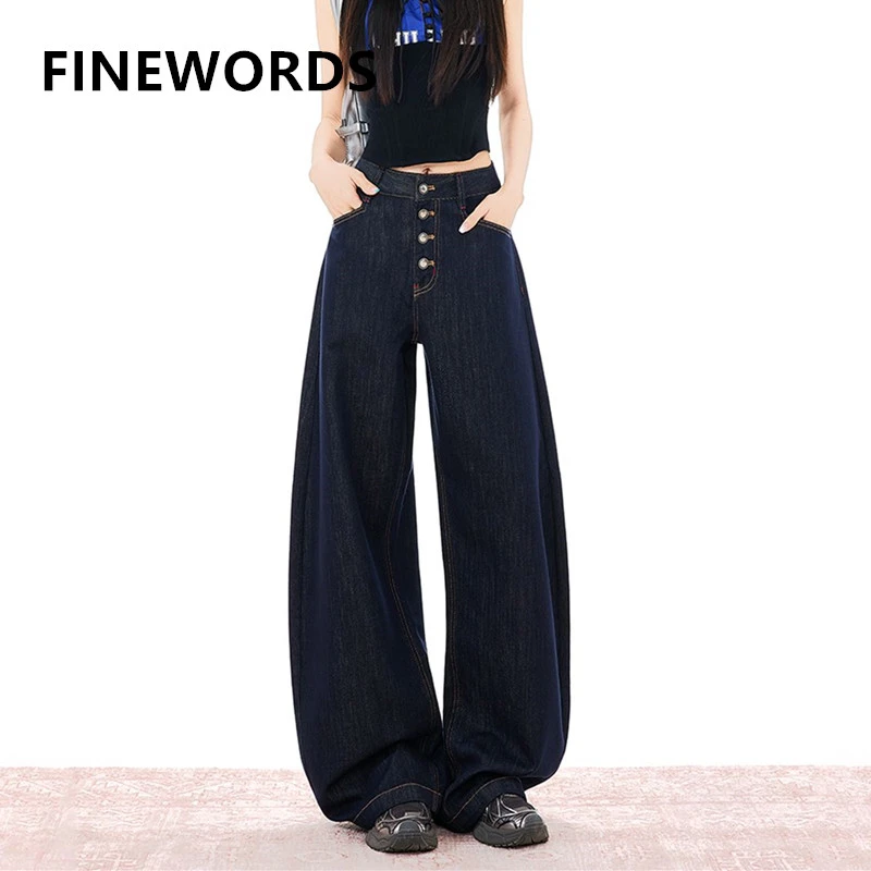 

FINEWORDS винтажные джинсы с высокой талией и несколькими пуговицами, женские повседневные широкие джинсы Easymatch, корейские свободные джинсы полной длины