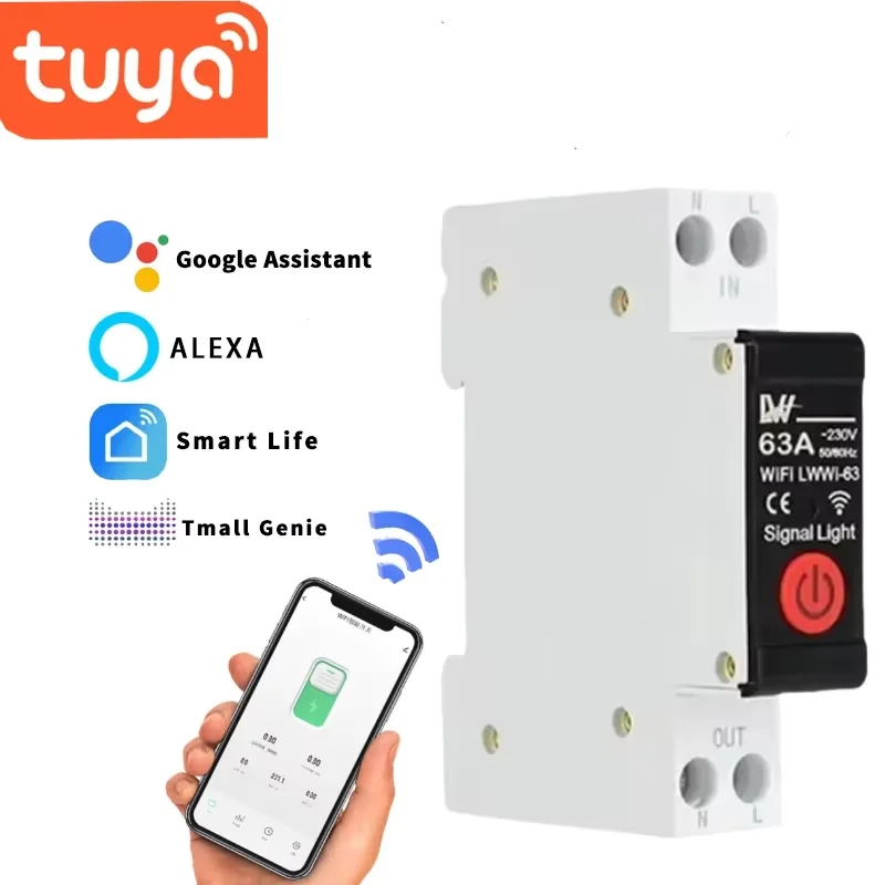 Tuya Wifi 63A Smart Circuit Breaker Power Metering Smart Power Monitor Timed Relay Circuit Breaker Electricity Meter Switch