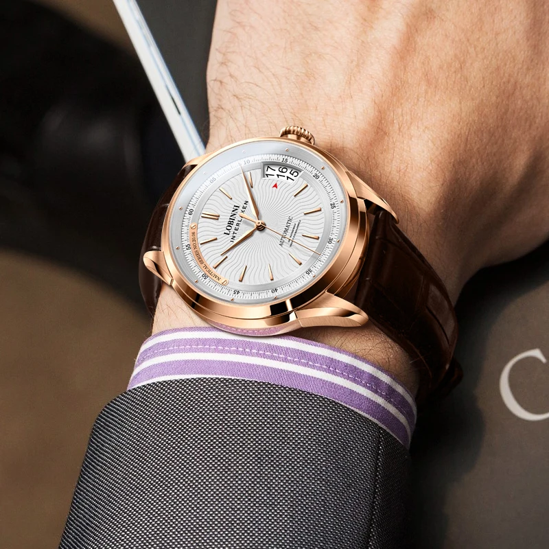 LOBINNI L17522 43.5 مللي متر ساعة ميكانيكية أوتوماتيكية للرجال ستانلس ستيل ياقوت كريستال زجاج 50 متر مقاومة للماء ساعة تقويمية