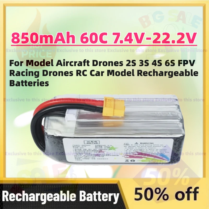 

New 850mAh 60C 7.4V-22.2V Battery for Model Aircraft Drones 2S 3S 4S 6S FPV Racing Drones RC Car Model Rechargeable Batteries