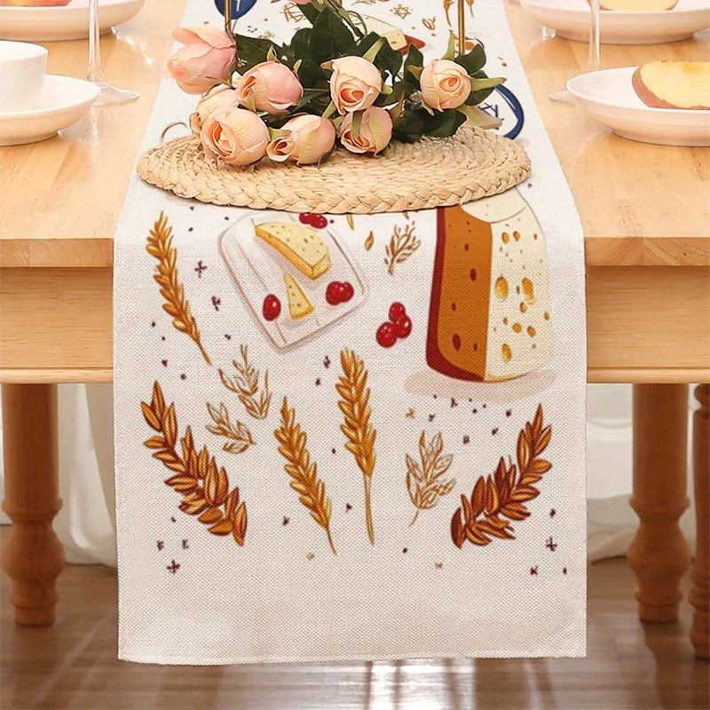 Happy Shavuot Linen Table Runner Jewish Holiday Party Decor Washable Dairy Wheat Kitchen Dining Table Runners Shavuot Decoration