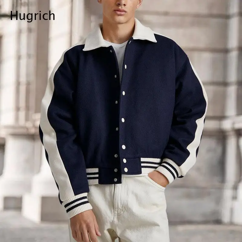 Men's Vintage Contrast Collar Varsity Jacket - Color Block Baseball Bomber Coat for Casual Streetwear
