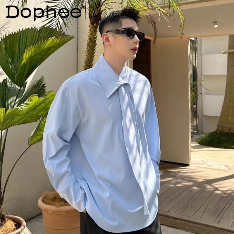

Light Luxury Tie Decorative Three-dimensional Metal Buckle Design Shirts Long Sleeve Shirts Men's 2025 Spring Summer Loose Tops