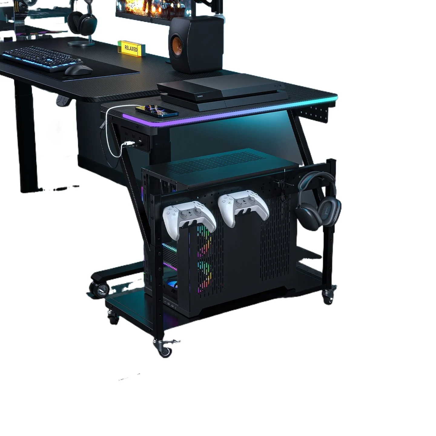 

Sea view room host bracket adjustable height computer chassis base metal mobile table with light power plug