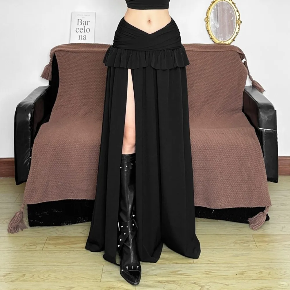 SylCue Sexy High Splits Long Skirts Woman Elastic Waist Ruffles Decoration Street Fashion Versatile Style Ruched Elegant Bottoms
