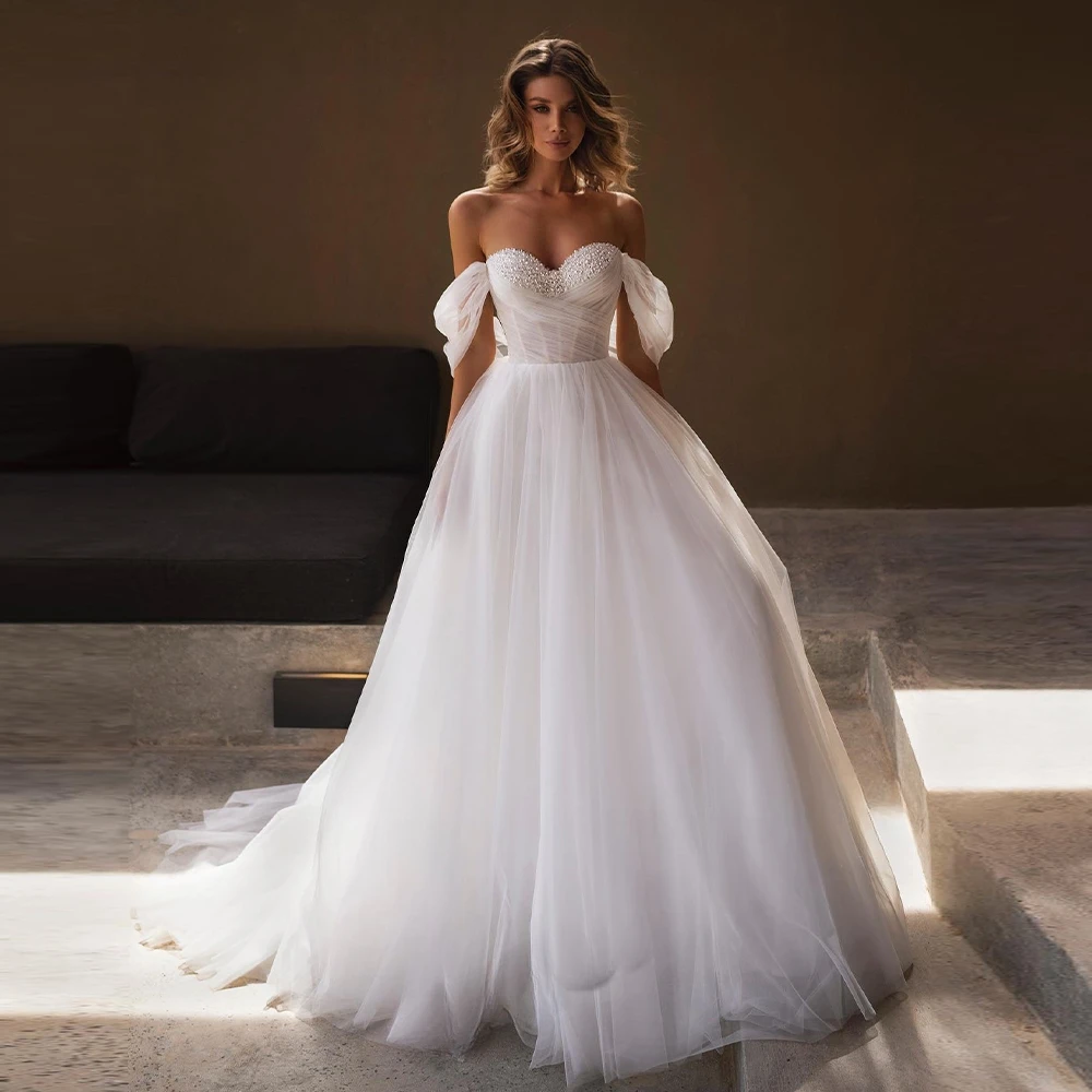 

Charming Beads Wedding Dresses For Woman Bridal Off the Shoulder A-LINE Sweetheart Tulle Robe De Mariée Customized