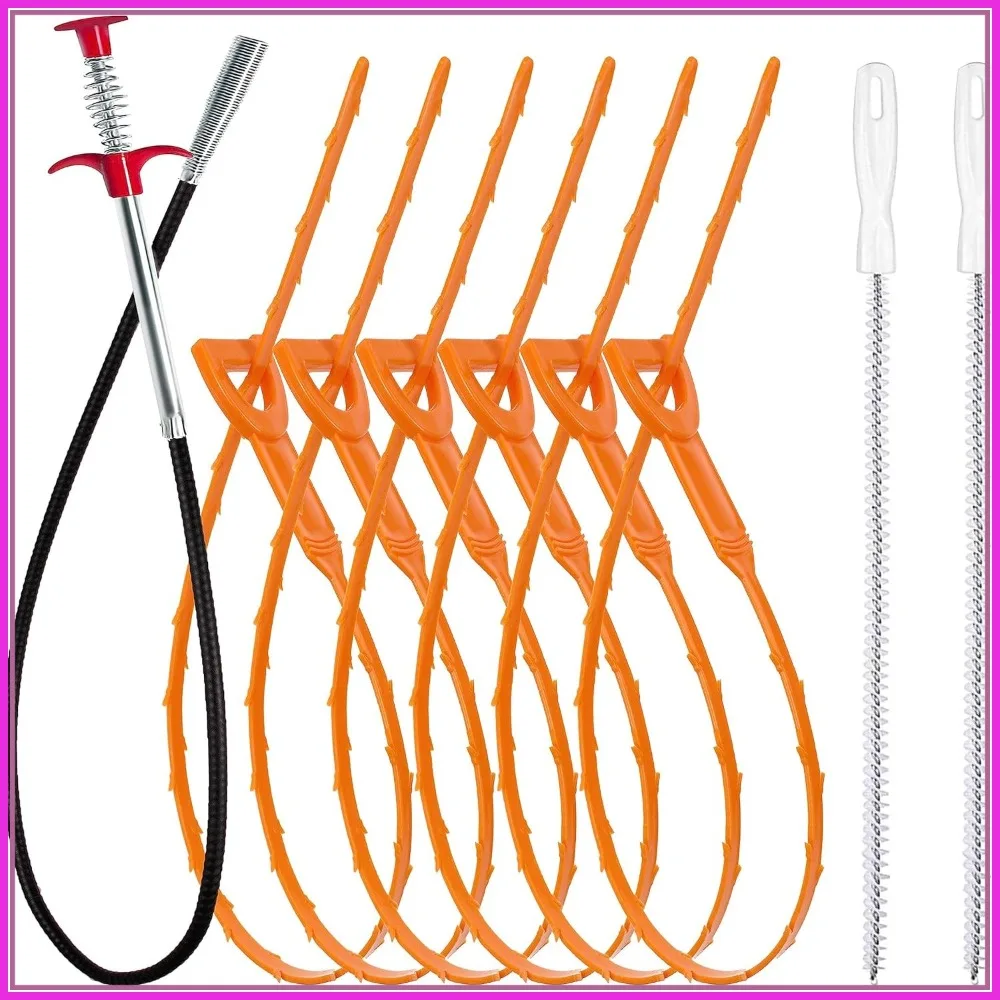 Juego de 9 piezas para desatascar desagües: 1 rulo desatascador de 35.5 pulgadas, 6 serpientes desatascadoras de 25 pulgadas y 2 cepillos para inodoros, lavabos y bañeras