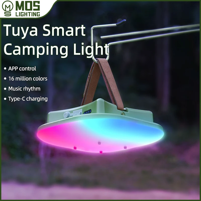 

MOSLIGHTING 80W RGB Camping Lantern USB Rechargeable LED Smart Light Bluetooth Control by Tuya APP Music Sync Hanging Tent Light